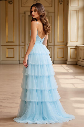 Błękitny Kształcie Litery A Tiulowe Długim Sukienka Na Wesele z Rozcięciem